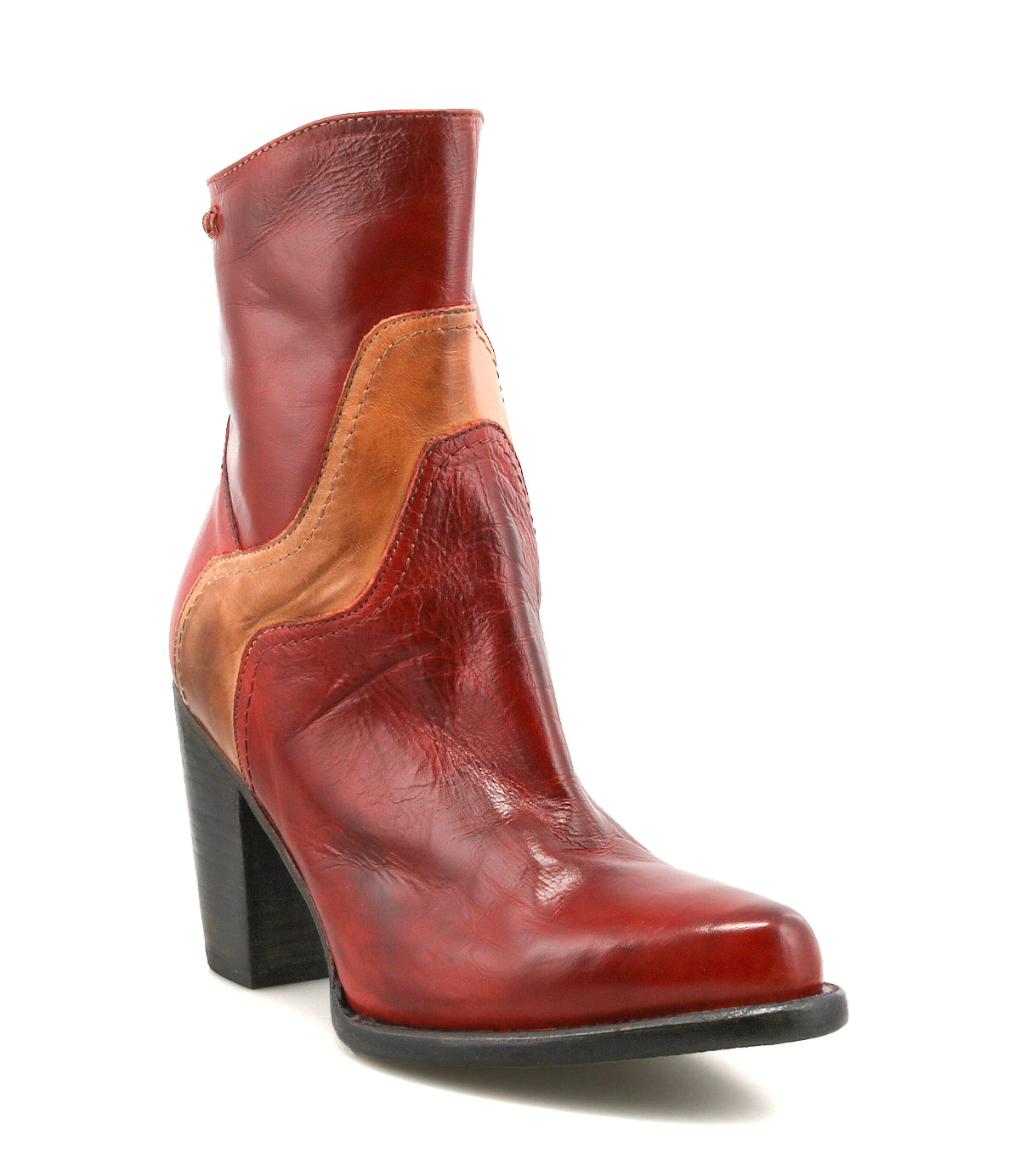 The Bed Stu Iazu is a handcrafted leather boot in red with a tan accent, featuring a pointed toe and chunky stacked heel, shown against a white background.