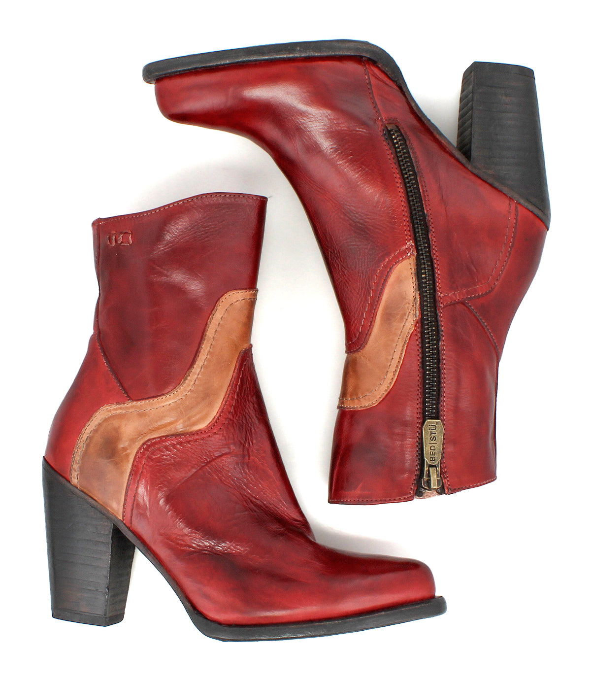 The Bed Stu Iazu ankle boots in red and tan handcrafted leather feature side zippers, chunky stacked heels, and a modern square toe, shown side by side on a white background.