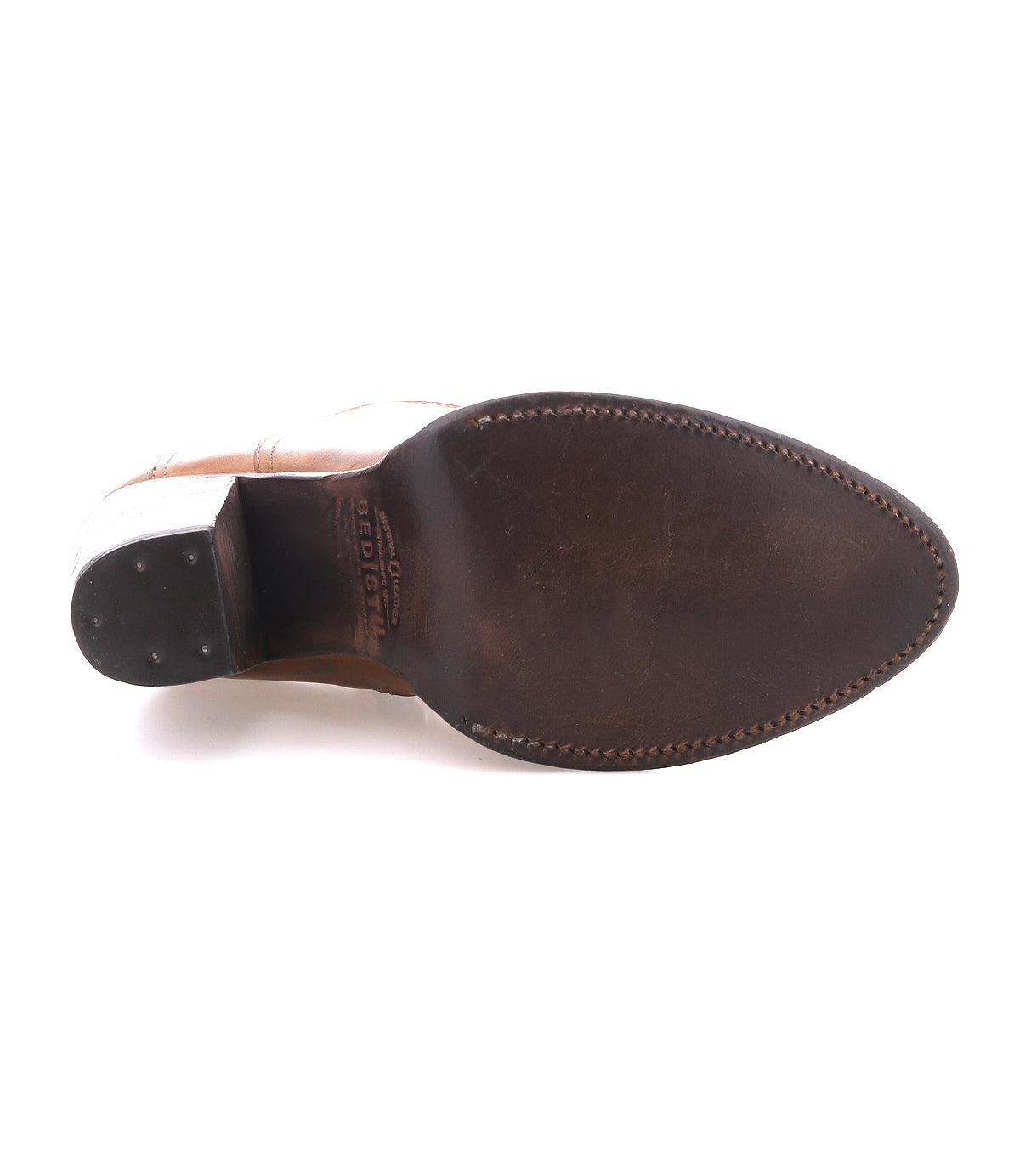 Bottom view of the Bed Stu Iazu handcrafted leather boot, showcasing a square toe, visible edge stitching, and a small black stacked heel grip.