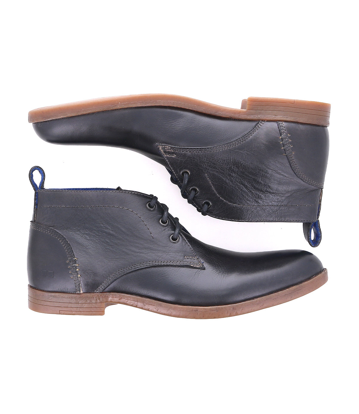 A pair of Bed Stu Illiad black leather chukka boots made with natural materials.