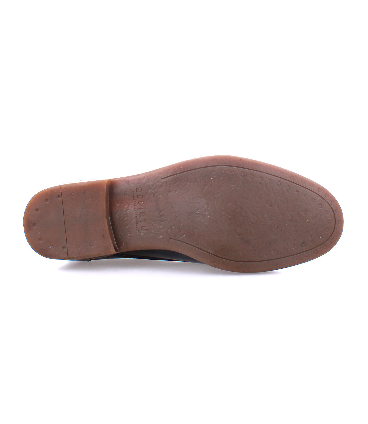A sole of a Bed Stu Illiad Teak Rustic Boot displayed against a white background, showing minimal wear and brand embossing.