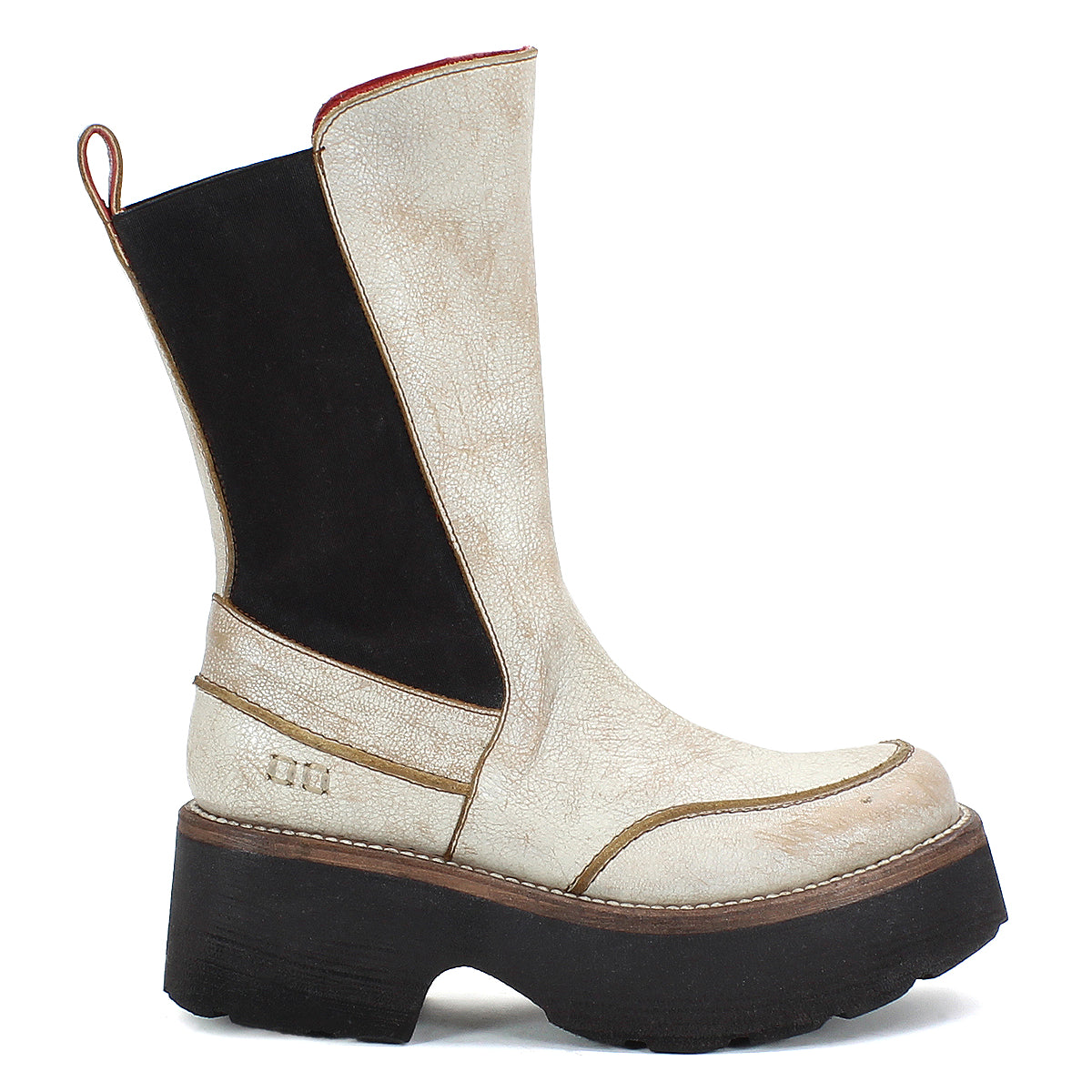 Introducing the Illicit by Bed Stu: a white and black mid-calf boot featuring a chunky black sole and a convenient pull tab at the back, perfect for adding nostalgic fashion vibes with its retro flair.