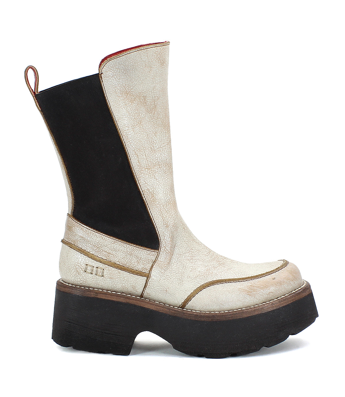 Introducing the Illicit by Bed Stu: a white and black mid-calf boot featuring a chunky black sole and a convenient pull tab at the back, perfect for adding nostalgic fashion vibes with its retro flair.