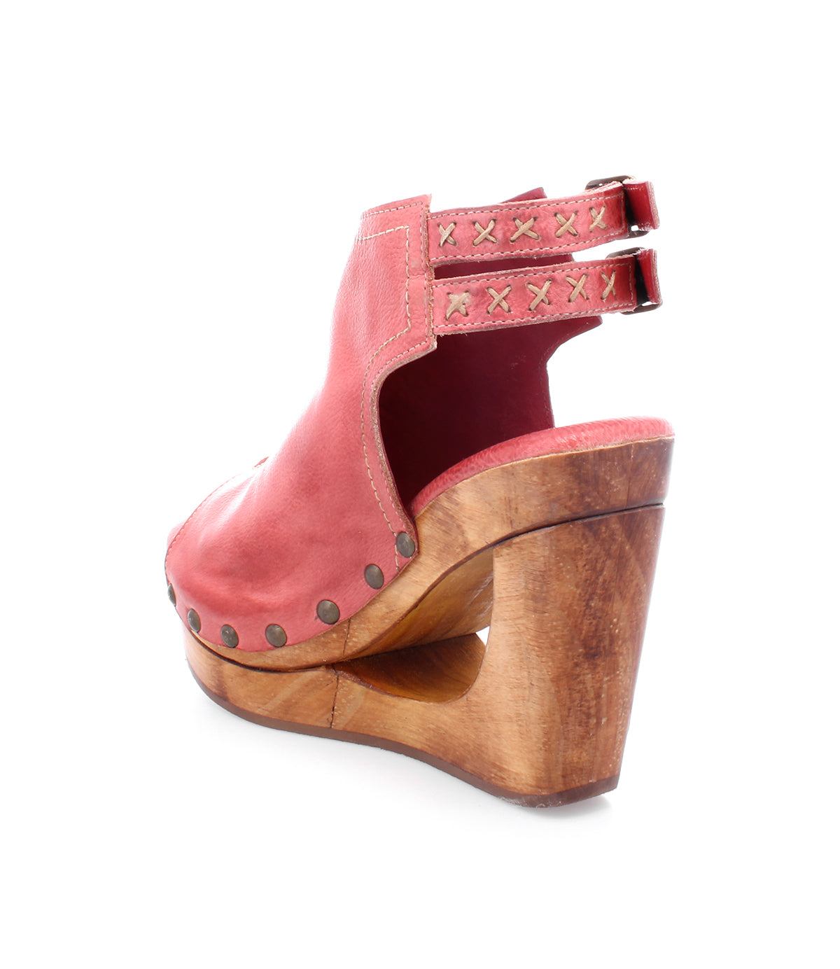 A Bed Stu Imelda-inspired red wedge shoe with a wooden platform and open-toe design.