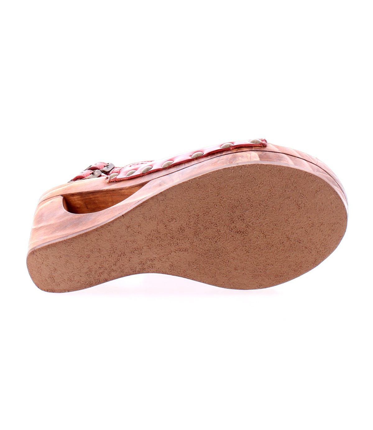 Bottom view of a single Bed Stu 'Imelda' wooden wedge sandal showcasing an open-toe design, textured sole, and a red strap.