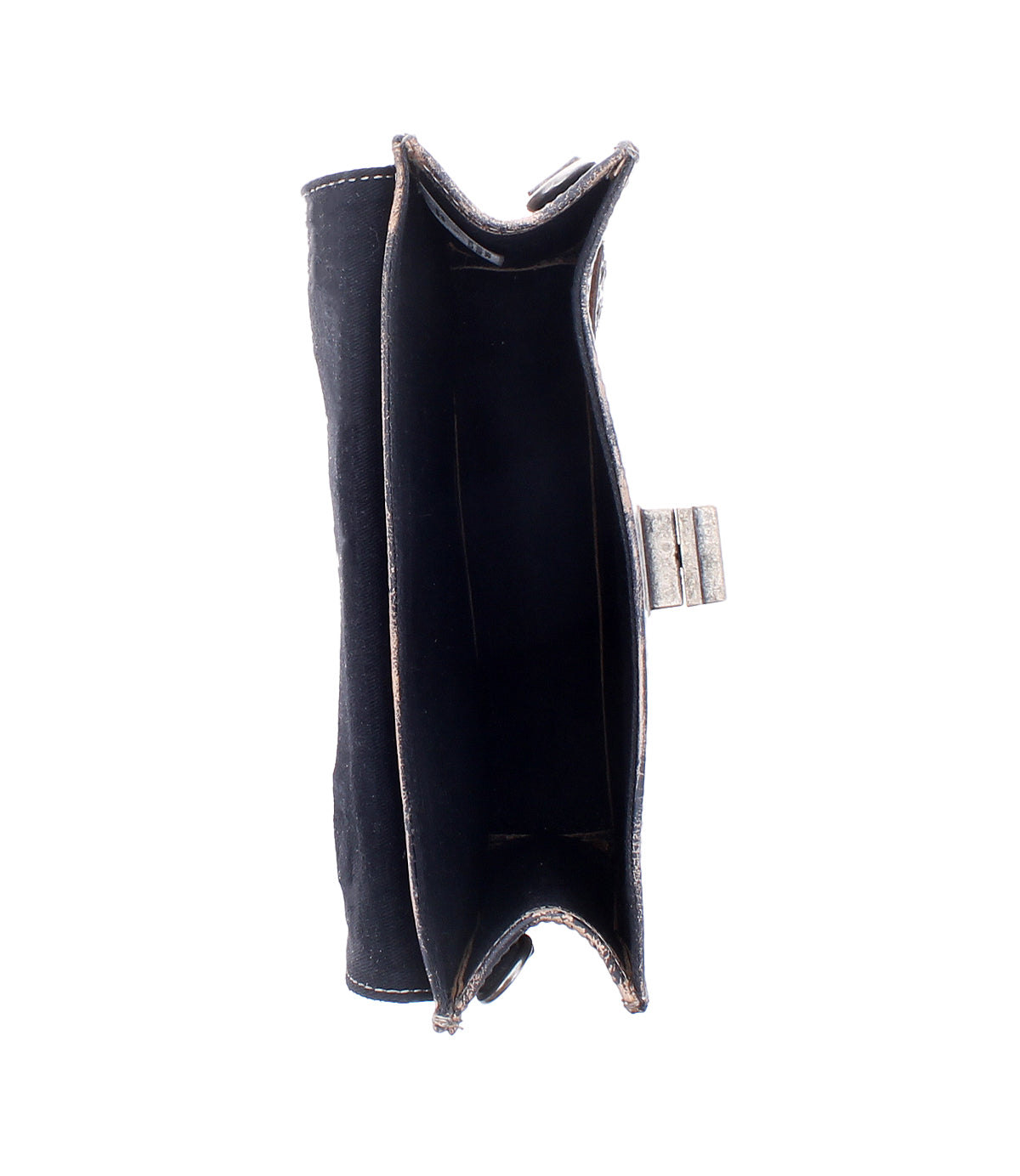 A top view of the Bed Stu Improv: an empty, open black mini purse-style wallet with visible stitching and a metal clasp, photographed on a white background.