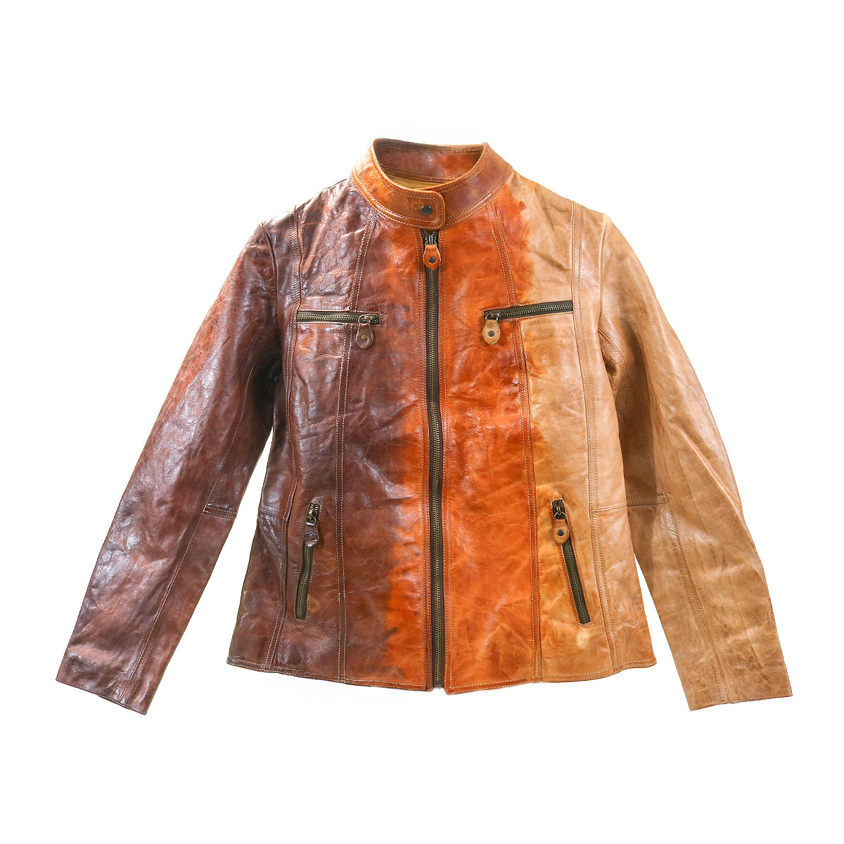 The Bed Stu Include is a handcrafted leather jacket featuring a front zipper, zippered chest and side pockets, and a patchwork design in brown and tan—a modern statement piece.