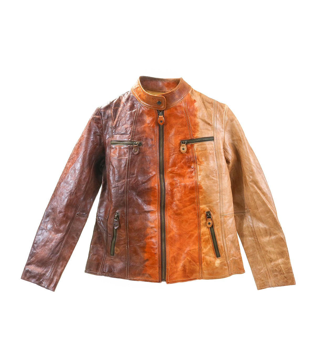 The Bed Stu Include is a handcrafted leather jacket featuring a front zipper, zippered chest and side pockets, and a patchwork design in brown and tan—a modern statement piece.