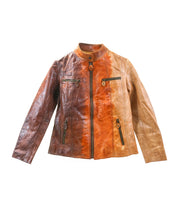 The Bed Stu Include is a handcrafted leather jacket featuring a front zipper, zippered chest and side pockets, and a patchwork design in brown and tan—a modern statement piece.
