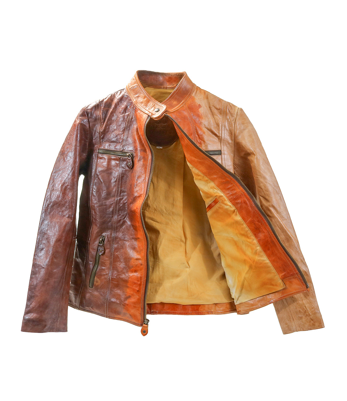 The Bed Stu Include jacket showcases handcrafted leather, a front zipper partly open to reveal a light tan lining, and multiple exterior zippered pockets—a modern statement piece with distinctive style.