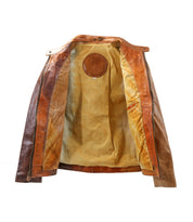 The Bed Stu Include brown handcrafted leather jacket features a light tan inner lining and a circular leather patch sewn inside the upper back, offering an effortless statement piece with a modern silhouette.