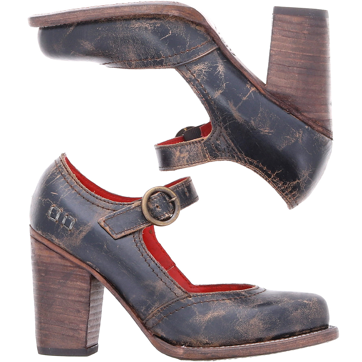 A pair of Ishtar women's leather mary jane pumps by Bed Stu, dark brown with red accents, featuring an adjustable strap and a block heel, displayed in front and side views.