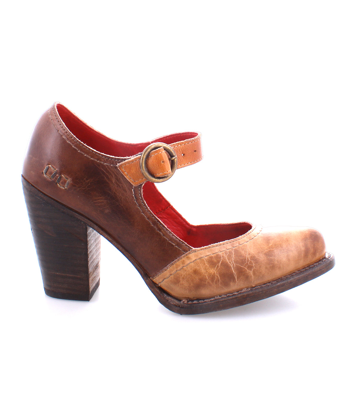 A single brown leather Ishtar mary jane pump by Bed Stu with a chunky block heel and an adjustable strap against a white background.