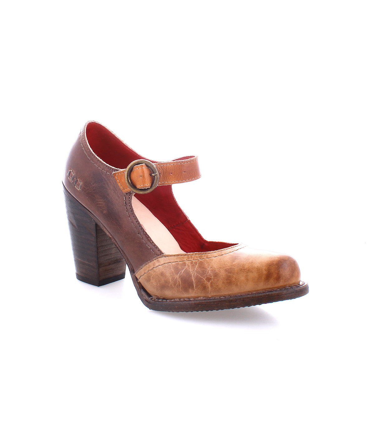 Brown Ishtar mary jane style pump with an adjustable strap and a chunky block heel on a white background. (Bed Stu)