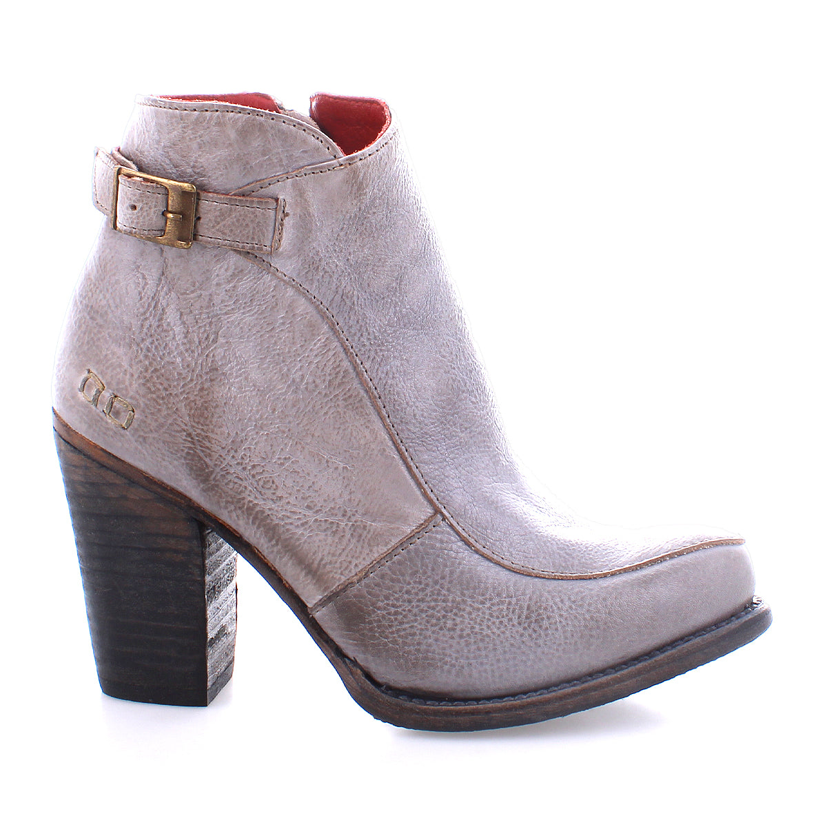 Isla Grey leather heeled bootie with vintage buckle accent and block heel by Bed Stu.