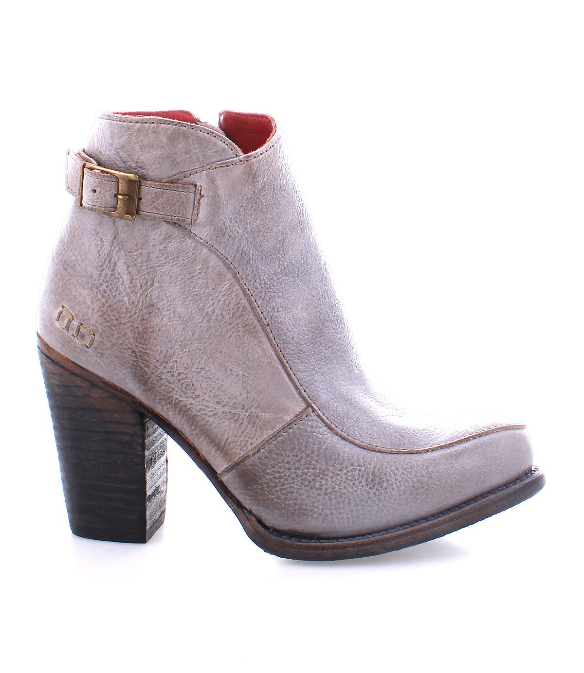Isla Grey leather heeled bootie with vintage buckle accent and block heel by Bed Stu.