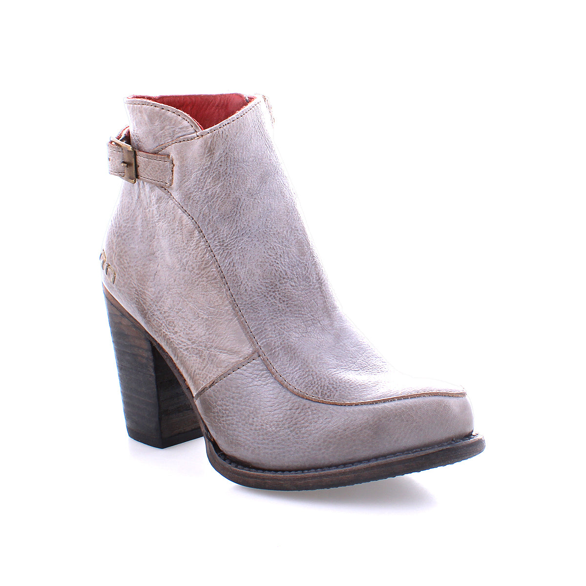 A single Isla gray leather heeled bootie from Bed Stu with a vintage buckle accent and a chunky heel, isolated on a white background.