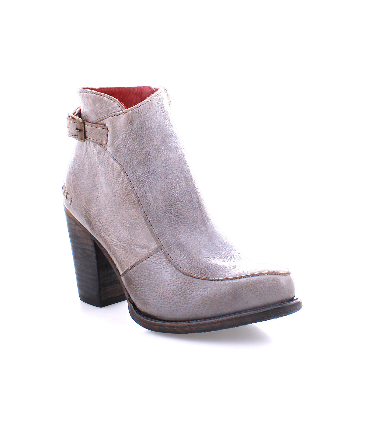 A single Isla gray leather heeled bootie from Bed Stu with a vintage buckle accent and a chunky heel, isolated on a white background.