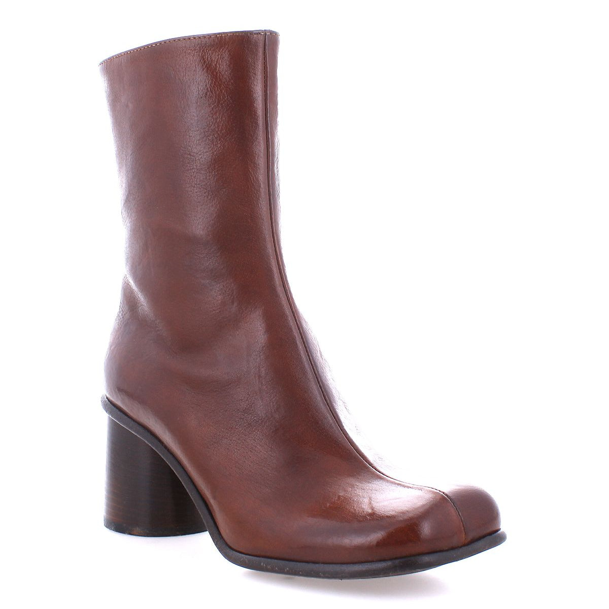 Introducing the Isodora by Bed Stu: a brown Italian leather ankle boot featuring a chunky heel and an elegantly asymmetrical square toe, showcased against a white background.
