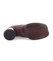 Bottom view of the Isodora, an Italian leather boot by Bed Stu, featuring a dark brown handcrafted sole and black heel.