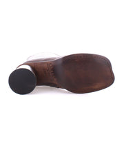 Bottom view of the Isodora, an Italian leather boot by Bed Stu, featuring a dark brown handcrafted sole and black heel.