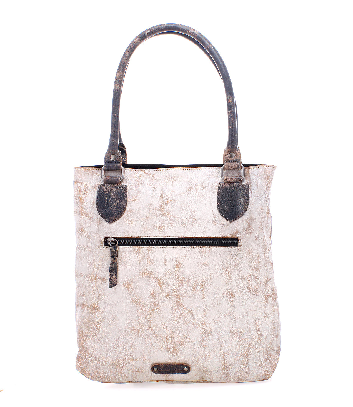 The Italic beige leather tote bag by Bed Stu features a textured finish, two dark handles, a front zipper pocket, and a spacious interior for all your essentials.