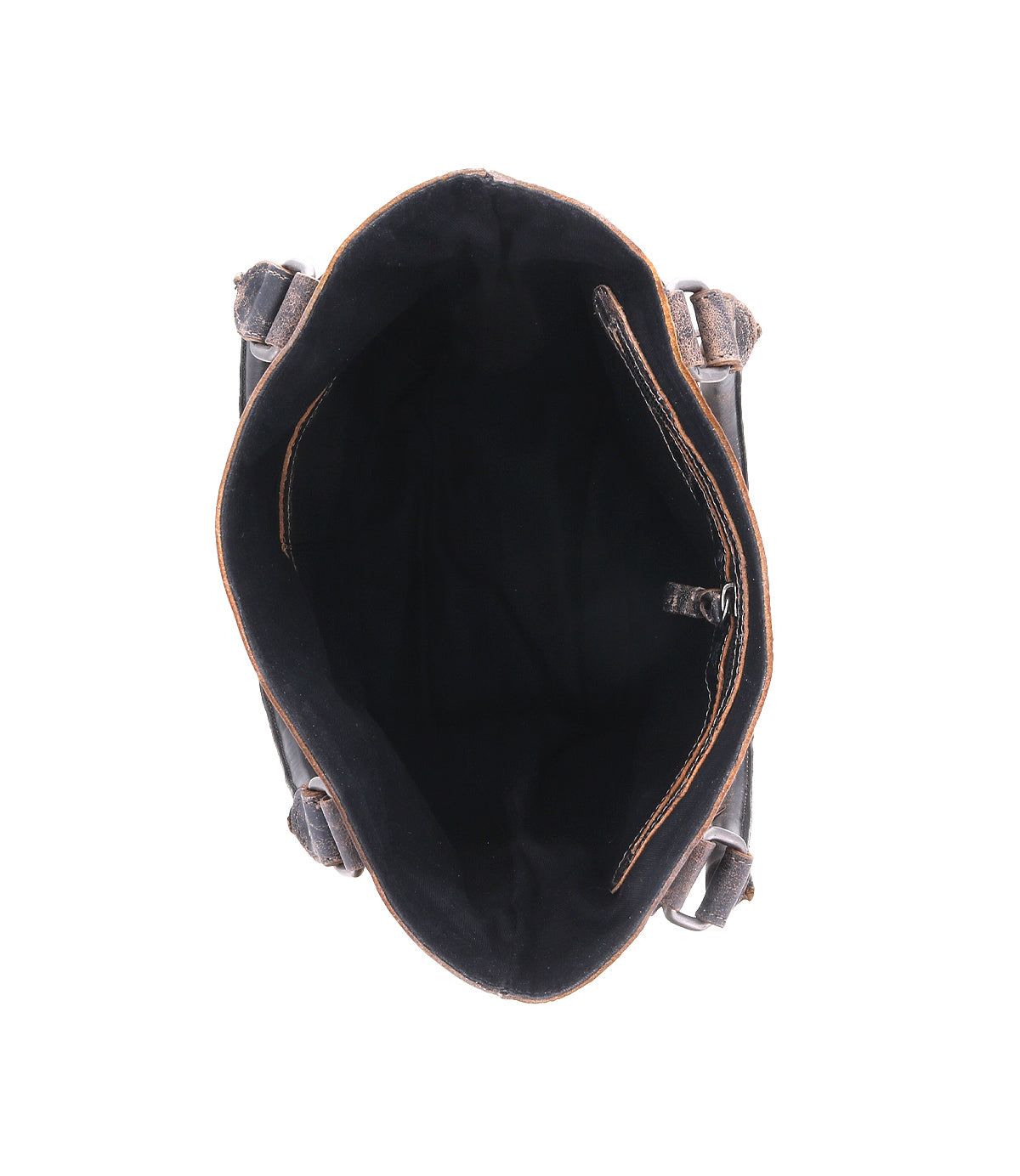 Top view of the Italic by Bed Stu, an open, empty black leather tote bag with a spacious interior, visible inner pocket, and side straps, all highlighting its timeless design.