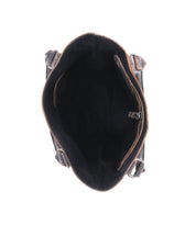 Top view of the Italic by Bed Stu, an open, empty black leather tote bag with a spacious interior, visible inner pocket, and side straps, all highlighting its timeless design.
