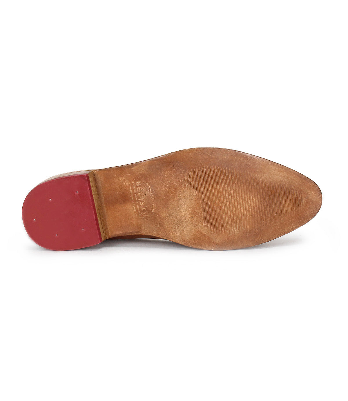 The image features the sole of Bed Stu's Jenny brown leather dress shoe, showcasing a red heel, visible stitching, and wear marks that blend classic style with the cushioned insole comfort of modern casual footwear.