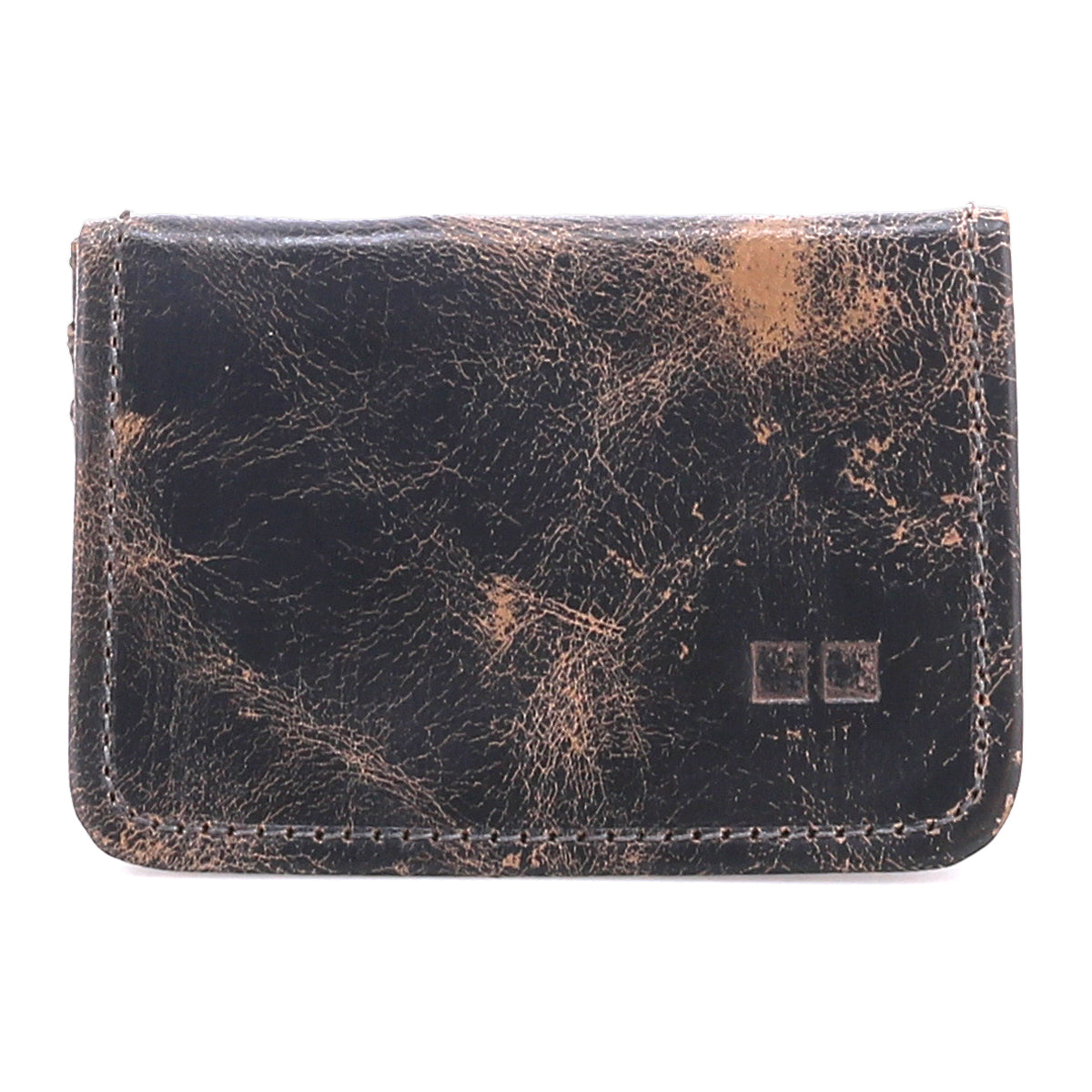 The Jeor card wallet by Bed Stu features rustic dark brown leather with visible scuffs, creases, two square imprints on the lower right corner, and multiple credit card slots for convenience.