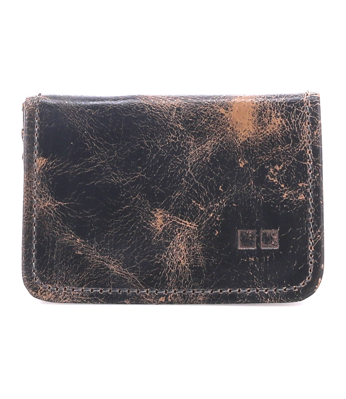 The Jeor card wallet by Bed Stu features rustic dark brown leather with visible scuffs, creases, two square imprints on the lower right corner, and multiple credit card slots for convenience.