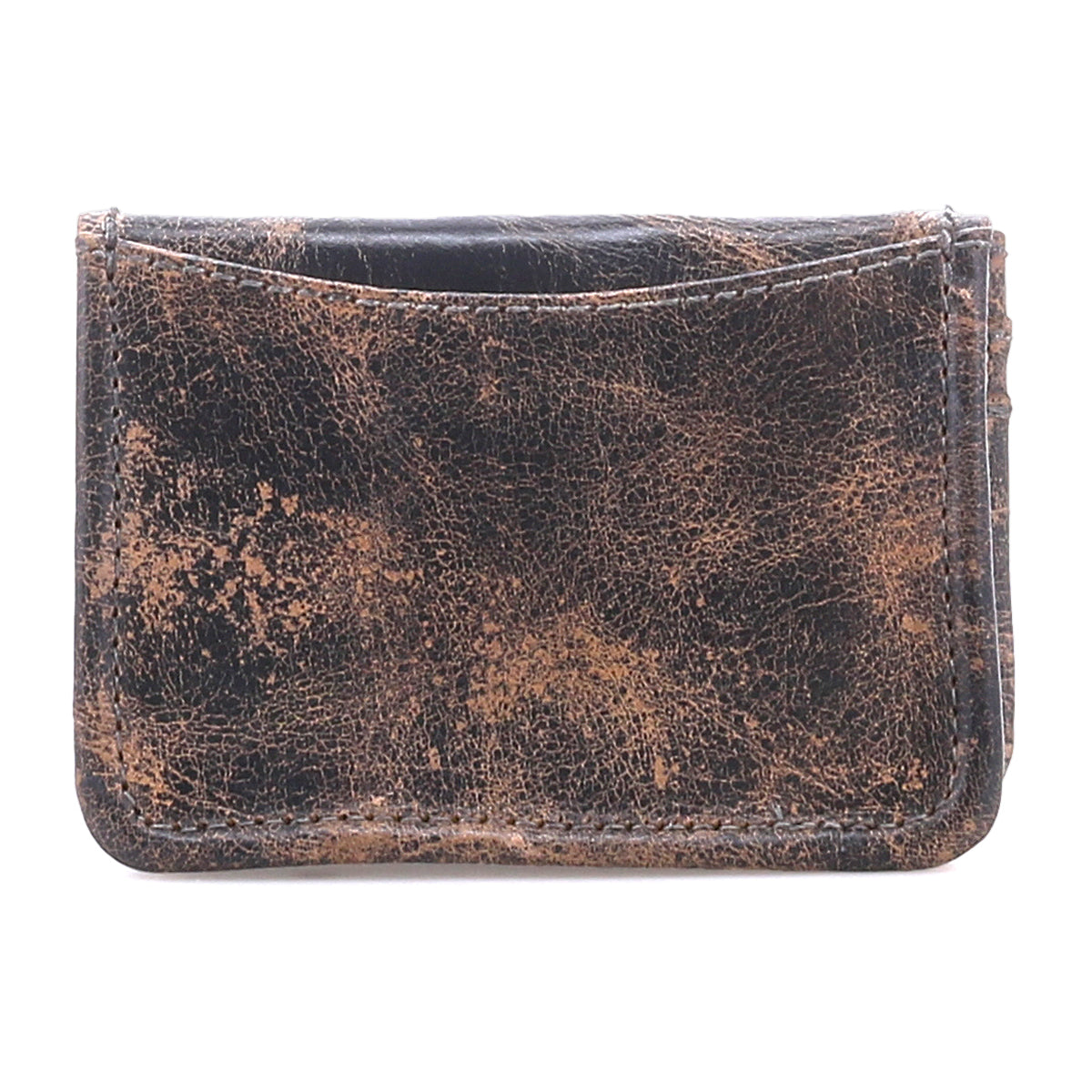 The Bed Stu Jeor is a compact, rustic leather card wallet with visible scuffs and creases, shown front-facing on a white background. It features multiple credit card slots in a slim design.