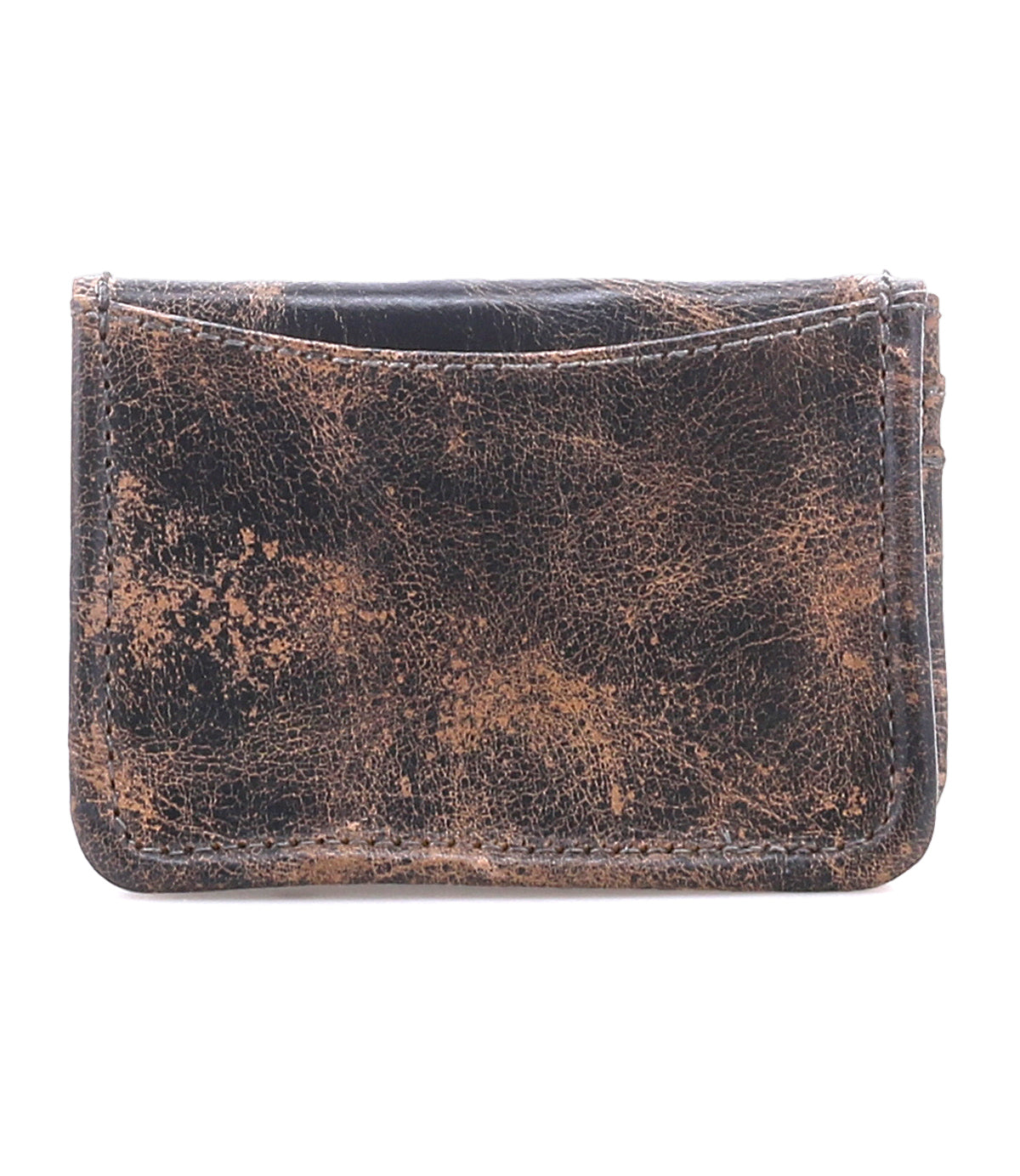 The Bed Stu Jeor is a compact, rustic leather card wallet with visible scuffs and creases, shown front-facing on a white background. It features multiple credit card slots in a slim design.