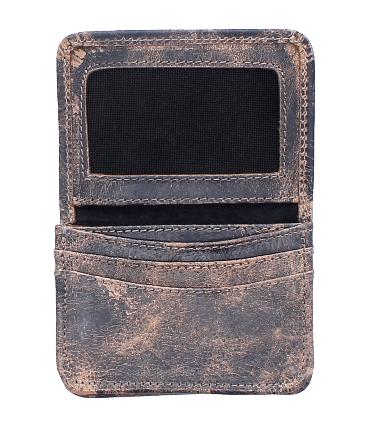 The Bed Stu Jeor is a brown rustic leather card wallet with visible stitching, a transparent ID slot, and two credit card slots.