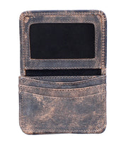 The Bed Stu Jeor is a brown rustic leather card wallet with visible stitching, a transparent ID slot, and two credit card slots.