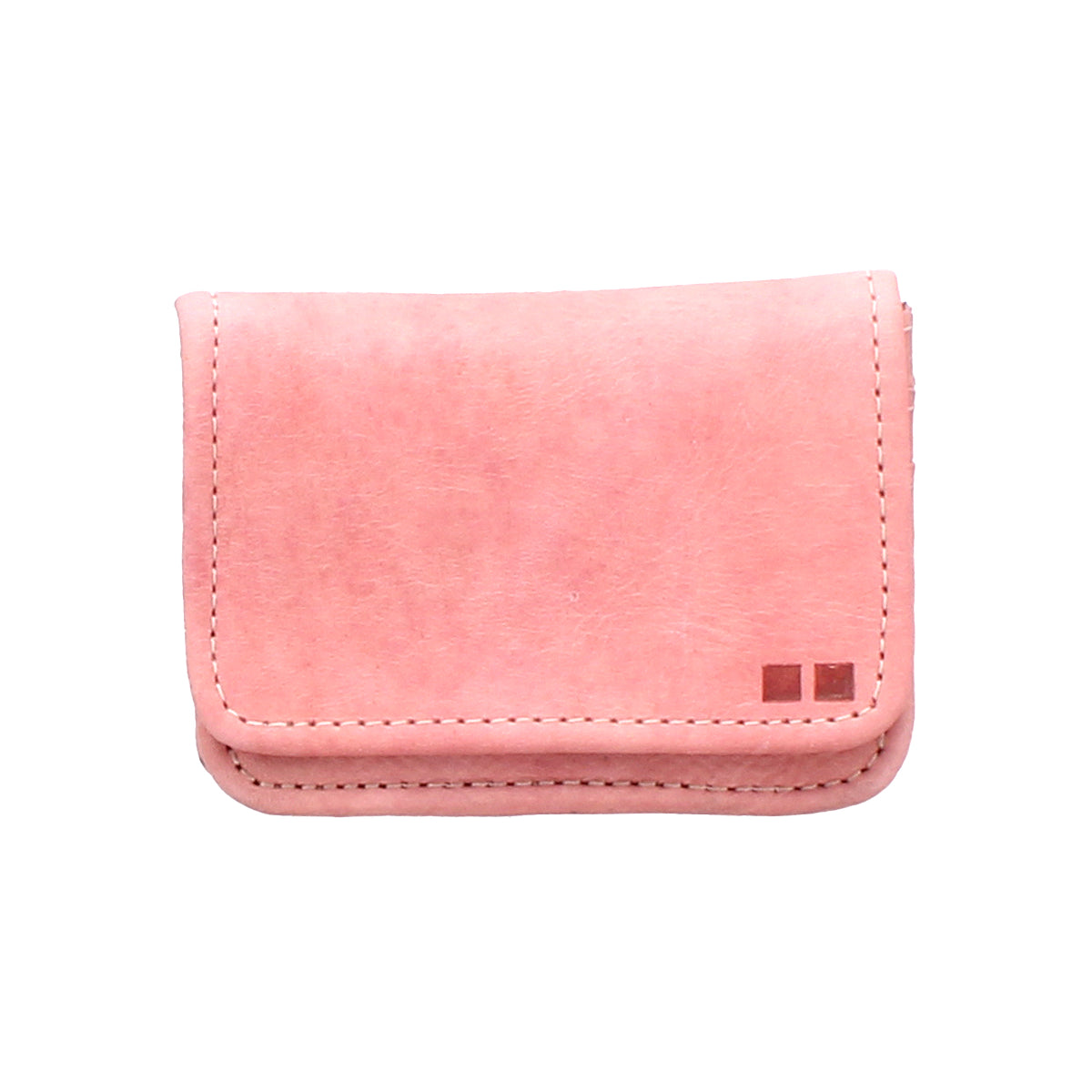 The Bed Stu Jeor is a small, rectangular, light pink leather wallet with visible stitching and two square accents in the bottom right corner—a stylish, versatile compact for everyday use.