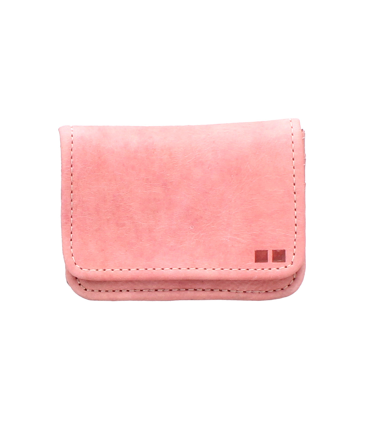 The Bed Stu Jeor is a small, rectangular, light pink leather wallet with visible stitching and two square accents in the bottom right corner—a stylish, versatile compact for everyday use.