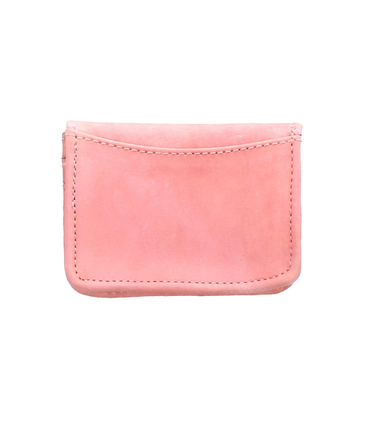 The Bed Stu Jeor is a small, rectangular card holder in light pink rustic leather with visible stitching and a single front pocket, shown against a white background.