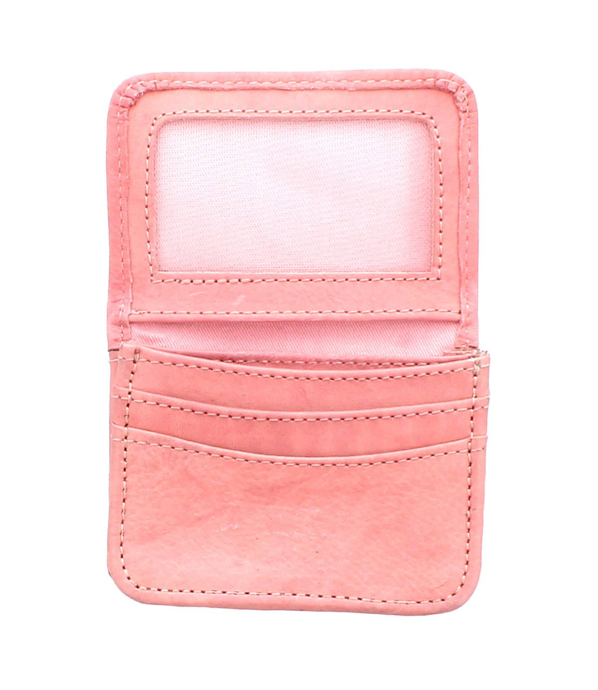 The Bed Stu Jeor is a small pink compact wallet, open to reveal card slots and a transparent ID window—making it a stylish, versatile accessory for everyday use.
