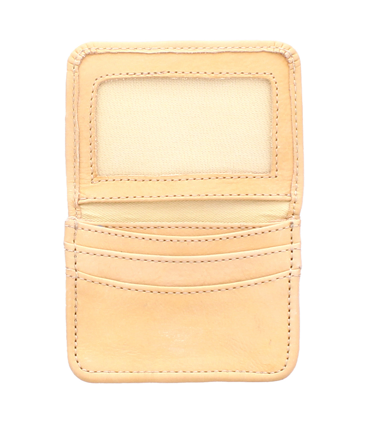 The Bed Stu Jeor is a beige compact wallet featuring an ID window, three card slots, and a bottom pocket—perfect for keeping daily essentials organized.