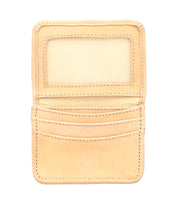 The Bed Stu Jeor is a beige compact wallet featuring an ID window, three card slots, and a bottom pocket—perfect for keeping daily essentials organized.
