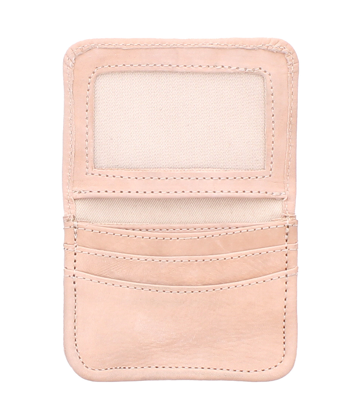 The Bed Stu Jeor open beige compact wallet features a transparent ID slot and several card pockets, shown against a white background.