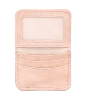 The Bed Stu Jeor open beige compact wallet features a transparent ID slot and several card pockets, shown against a white background.