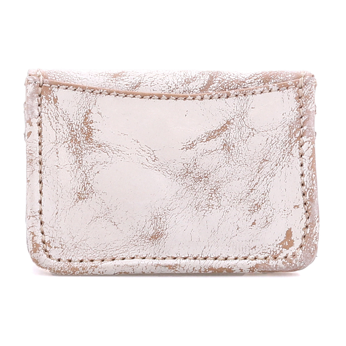 The Bed Stu Jeor is a small, rustic leather card wallet with visible creases and scuffs, featuring credit card slots and shown against a white background.