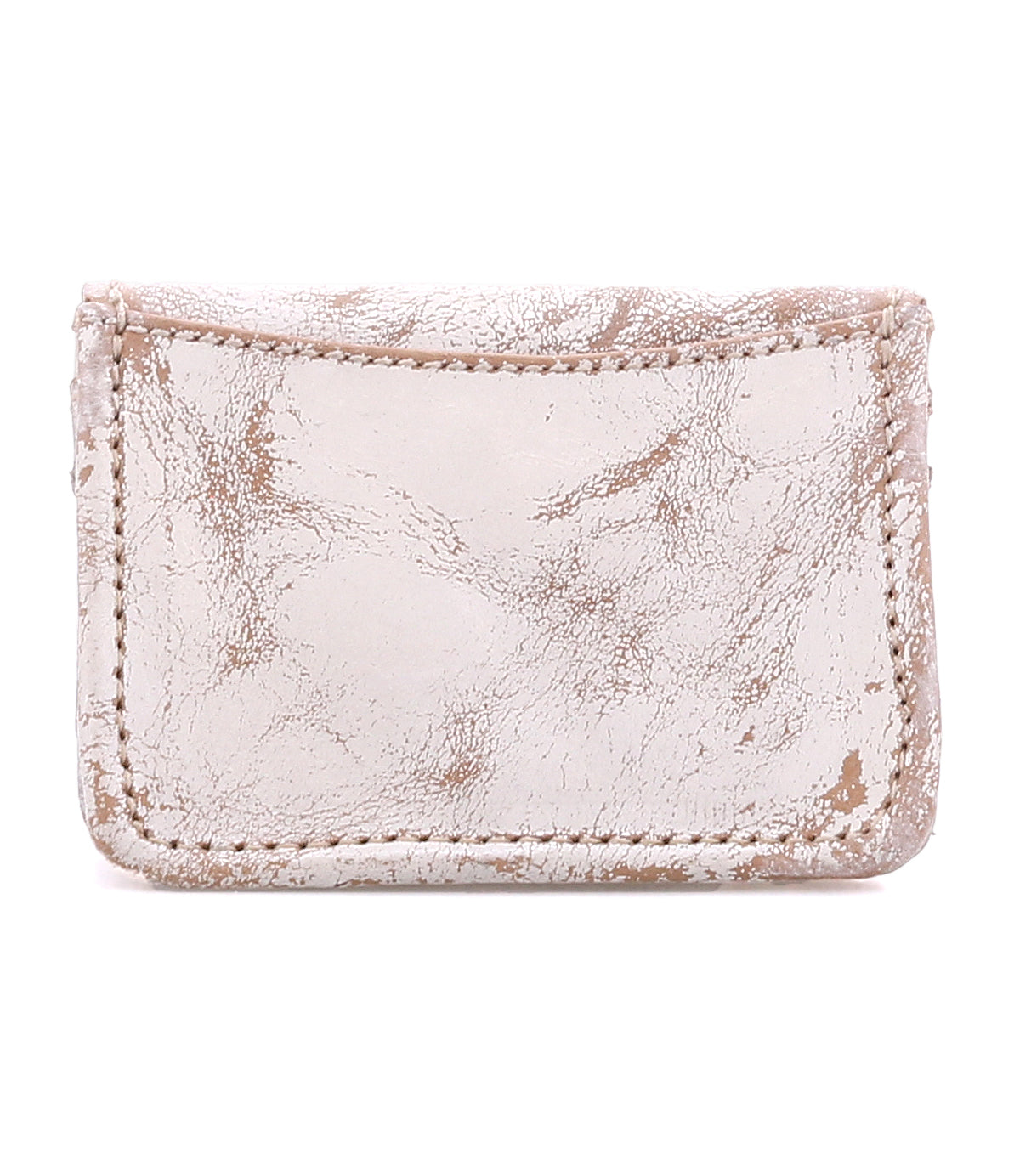 The Bed Stu Jeor is a small, rustic leather card wallet with visible creases and scuffs, featuring credit card slots and shown against a white background.