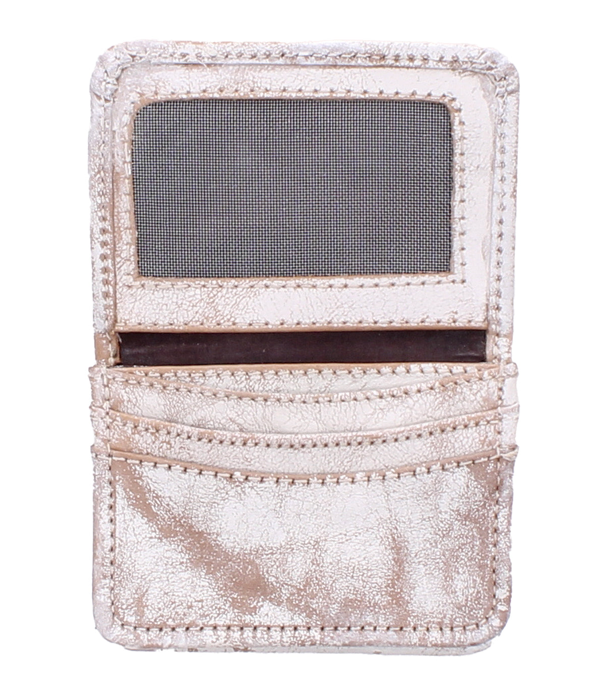 The Bed Stu Jeor is a metallic gold compact wallet featuring a transparent ID window, two credit card slots, and textured stitching, displayed against a white background.