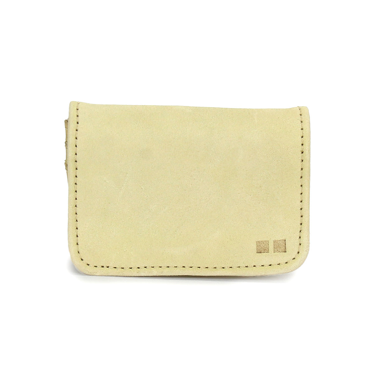 The Bed Stu Jeor is a small rustic leather card holder with visible stitching, two square markings on the bottom right, and multiple card slots, shown against a white background.
