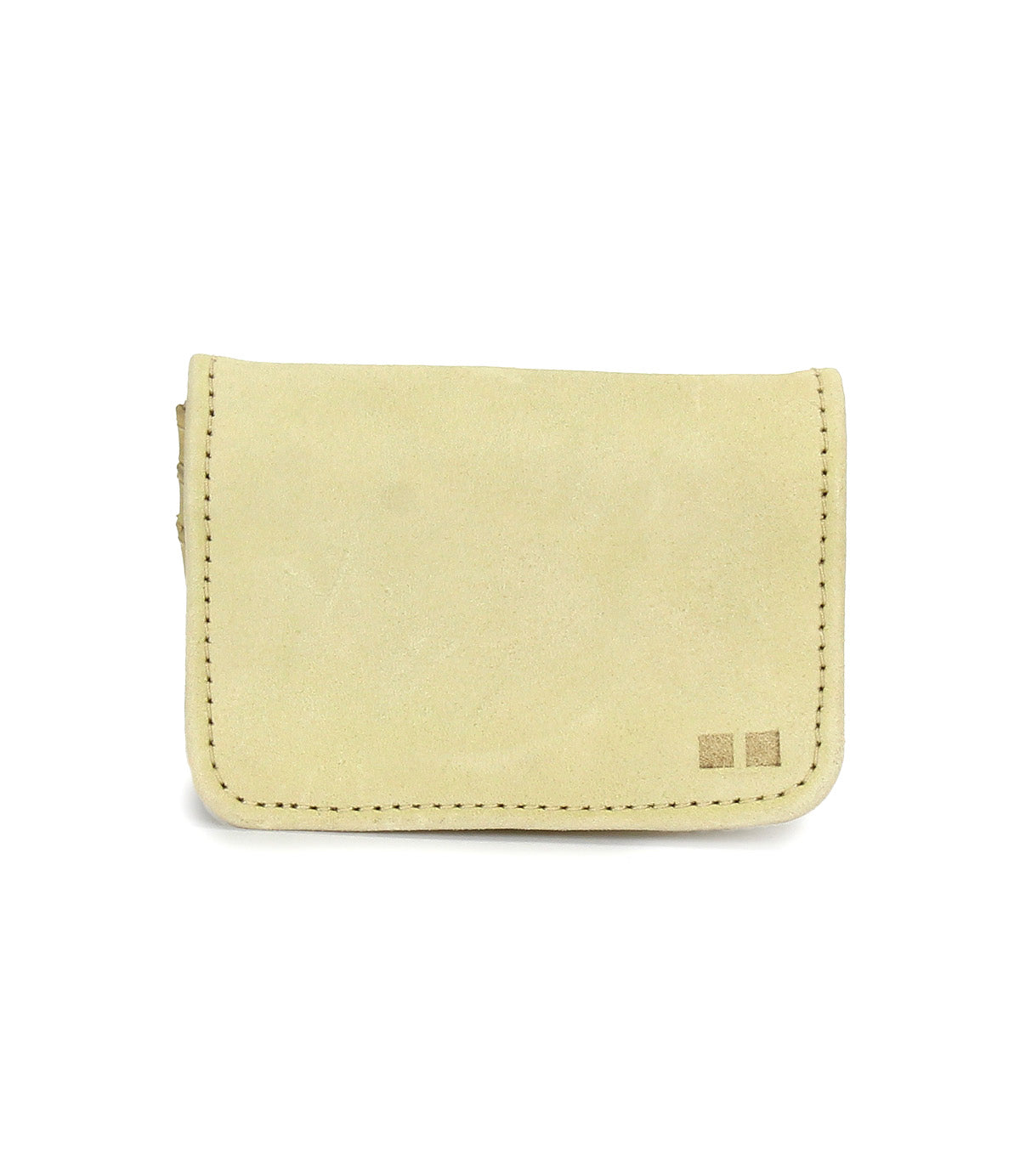 The Bed Stu Jeor is a small rustic leather card holder with visible stitching, two square markings on the bottom right, and multiple card slots, shown against a white background.