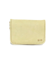 The Bed Stu Jeor is a small rustic leather card holder with visible stitching, two square markings on the bottom right, and multiple card slots, shown against a white background.
