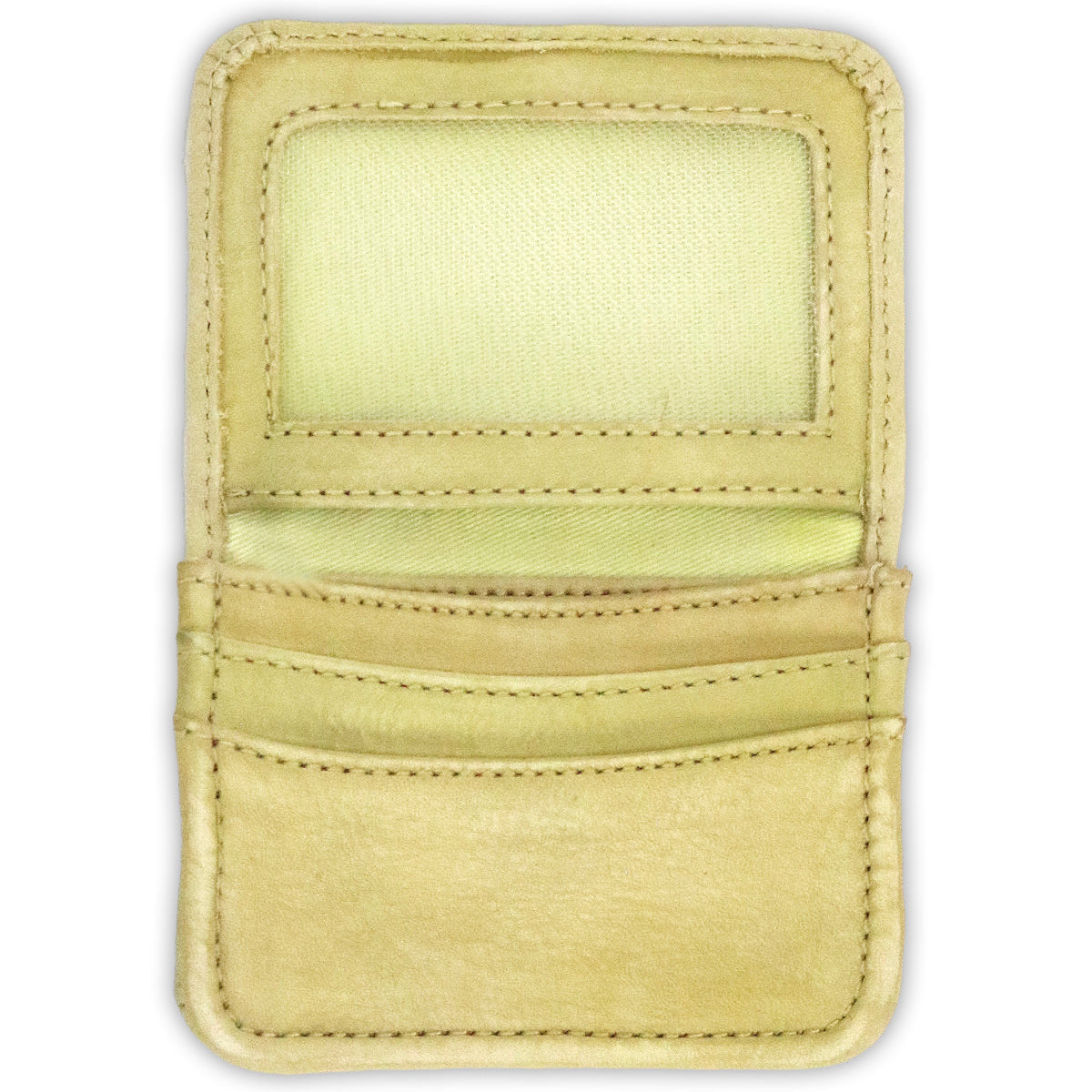The Bed Stu Jeor is a rustic beige leather card holder with a clear ID slot on top and three credit card slots below, shown flat on a white background.